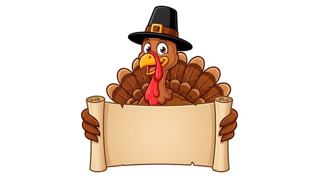 A cute cartoon turkey wearing a pilgrim hat holding a blank sign for a happy thanksgiving day celebration