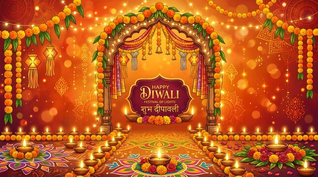 Happy Diwali  decorated with flowers, lights, and traditional ornaments. 