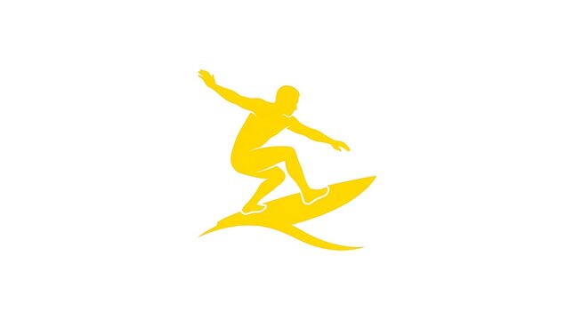 Yellow silhouette of a surfer riding a wave on a surfboard isolated on white background