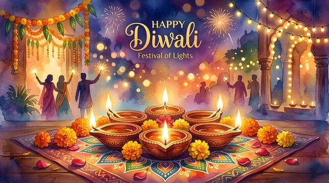 Happy Diwali festival celebration with family lighting traditional oil lamps at night.