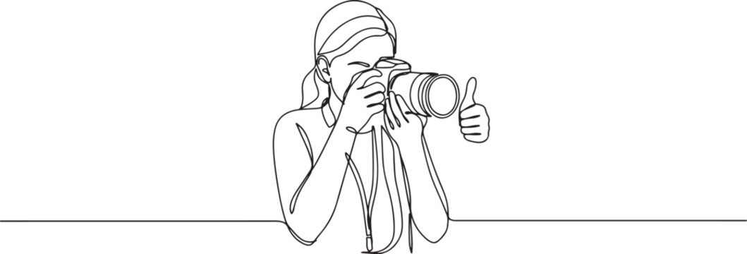 professional female photographer One continuous line drawing of photo-journalist composing her shot and having thumb up and taking pictures. one line art icon darwing vector