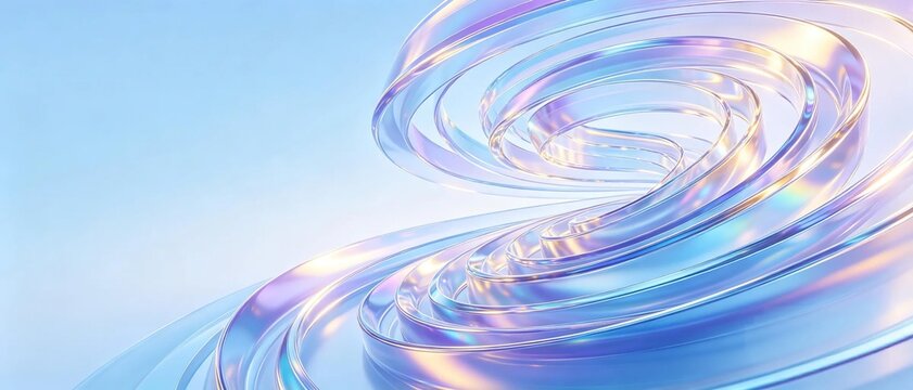 Abstract beautiful spiral made of layered iridescent transparent glass with soft rainbow gradient on light blue background for modern decorative technology design