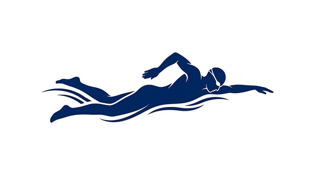 Blue silhouette of a professional swimmer performing a freestyle stroke in water.