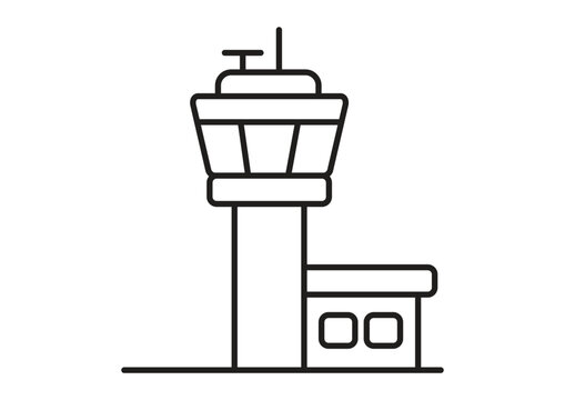 Minimalist line art illustration of an airport control tower with base building