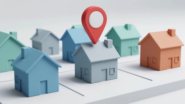 3d isometric house models with a red location pin marking a choice