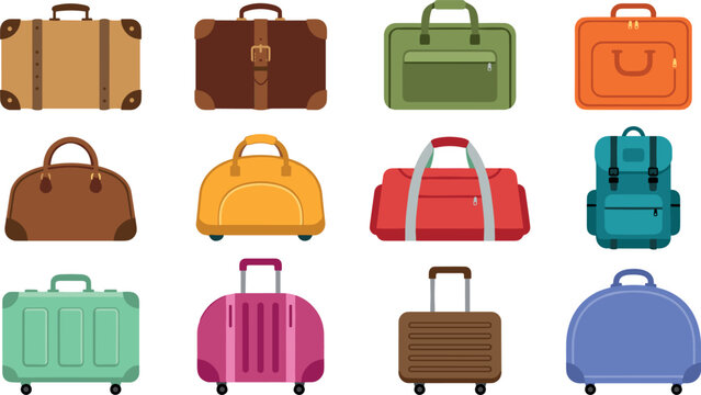 Travel Luggage and Suitcase Vector Icon Set Featuring Vintage Briefcases Duffle Bags and Rolling Baggage for Tourism Designs