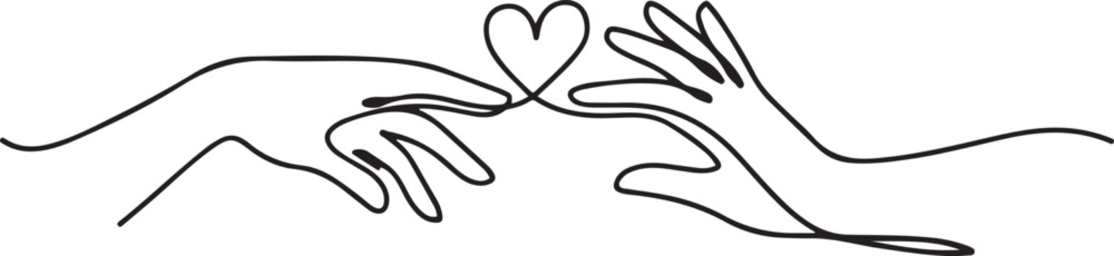 Continuous Line Art of Two Hands Reaching Toward Each Other with Heart Symbol, Love and Connection Concept. one line art icon darwing vector