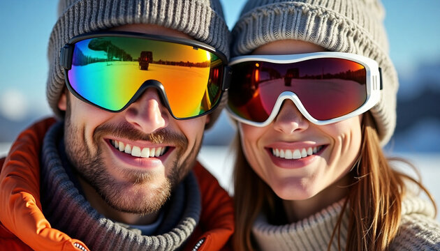 Happy smiling couple taking selfie on ski resort wearing warm winter hats and ski goggles