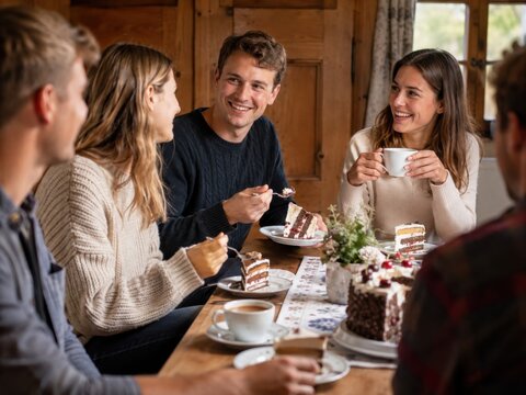 Freunde treffen sich bei Kaffee und Kuchen in einer gem&uuml;tlichen deutschen Gaststube. Torte, Gespr&auml;che und Geselligkeit zeigen traditionelle Kaffeekultur und regionale Genussmomente.