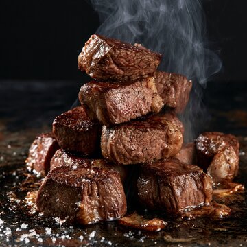 Steaming hot seared beef steak cubes stacked on a dark surface with sea salt