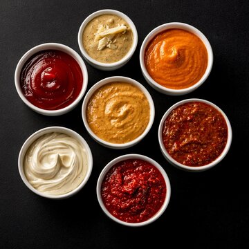 Assortment of various dipping sauces and condiments in white bowls arranged in a circle on a dark background