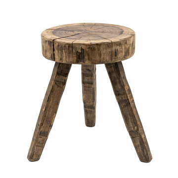 Rustic three legged stool made from a circular tree trunk slice with visible wood grain and natural cracks isolated on a transparent background