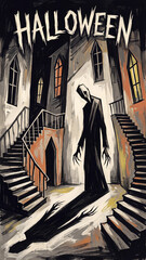 Naklejka premium Halloween dark ghost poster in twisted urban street scene