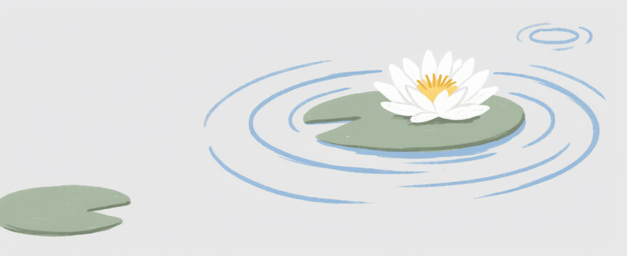 Beautiful white water lily flower floating on calm pond water surface