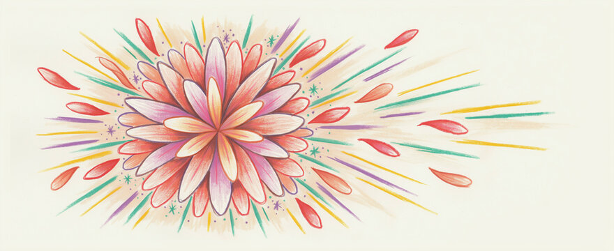 Colorful abstract floral design with vibrant petals and scattered leaves
