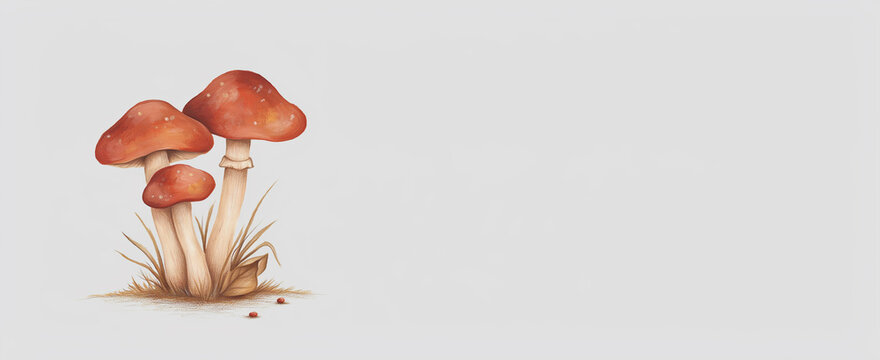Illustration of three red mushrooms growing together in nature scene
