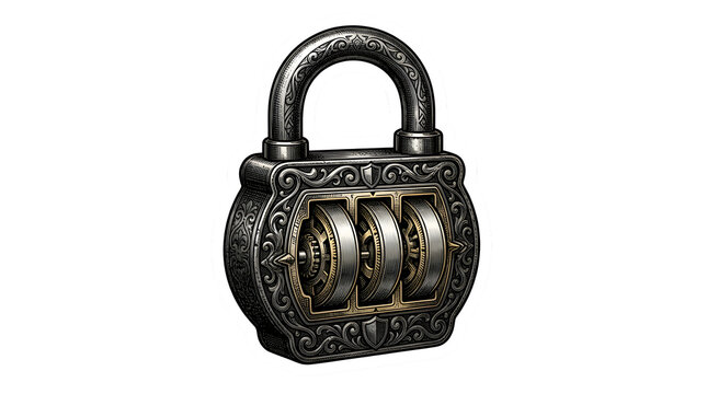 Intricate antique combination lock, a vintage security mechanism. Ornate metal padlock with three rotating dials, symbolizing protection and secrecy. Detailed illustration for digital security