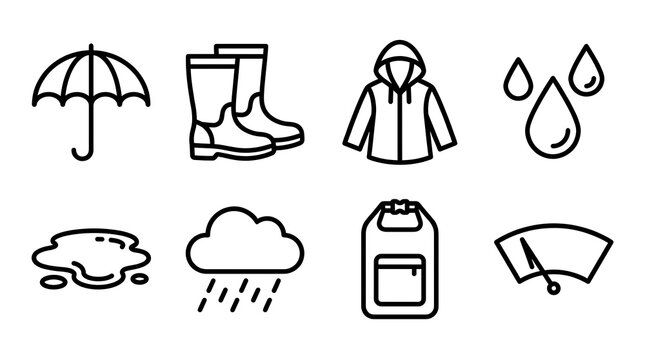 Set of black outline weather icons for rainy days.