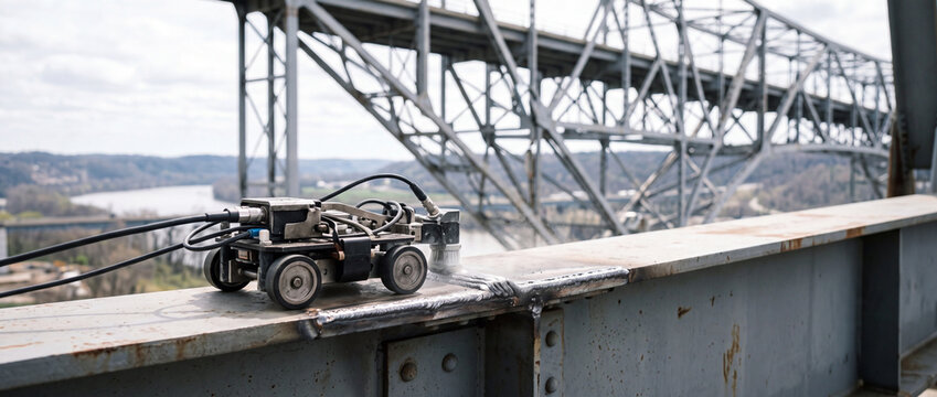 Automated inspection robot performing bridge maintenance and weld grinding on steel girder