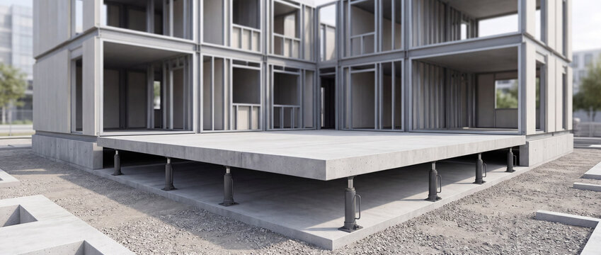 Modular building construction with elevated concrete slab on adjustable screw jack foundation