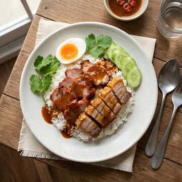 Khao Moo Daeng and Moo Krob simple top view
