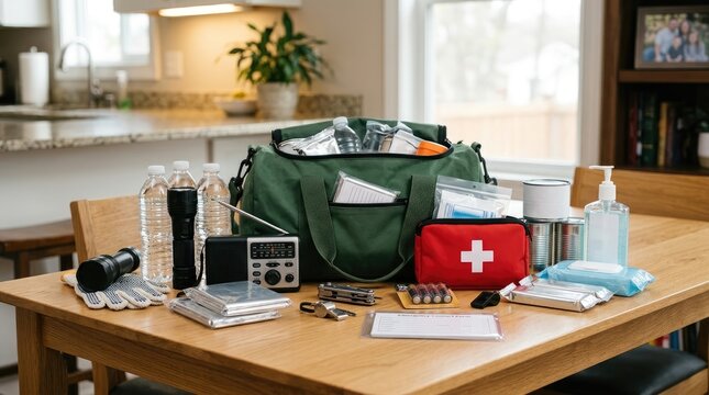 An emergency preparedness kit featuring a green duffel bag, first aid kit, water bottles, radio, flashlight, and supplies arranged on a wooden table in a home kitchen