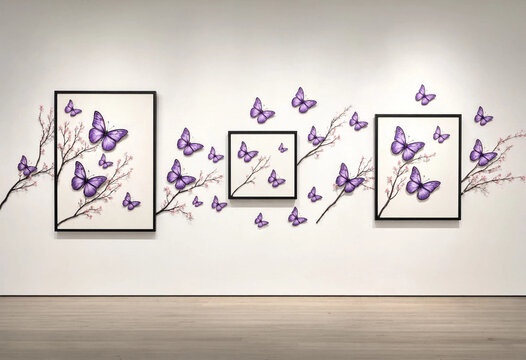 Modern wall art exhibit featuring 3d purple butterflies and cherry blossom branches flying out of black frames