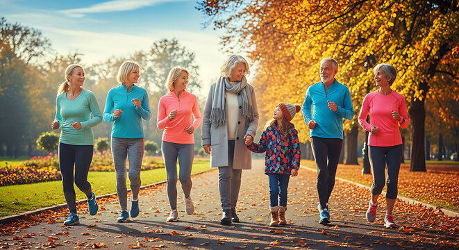 Active senior family group enjoying a fitness walk together outdoors in autumn.