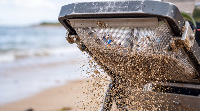 Beach sand sifter screening gravel, shells and debris through metal mesh on coastal shore