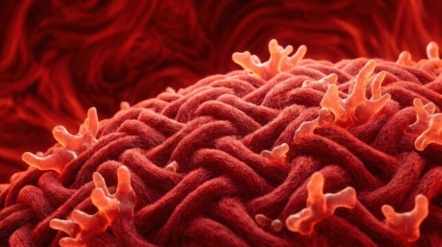 Microscopic view of human tissue with red fibers and virus particles. 3D medical illustration of infected cells and biology of