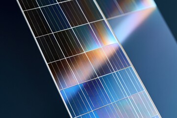 Obraz premium Extreme macro of solar cell surface showing fine busbar details and iridescent light reflections