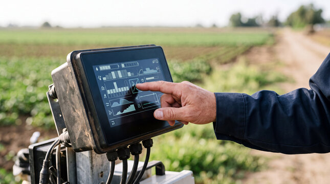 farmer using touchscreen controller for precision agriculture monitoring and irrigation management in crop field