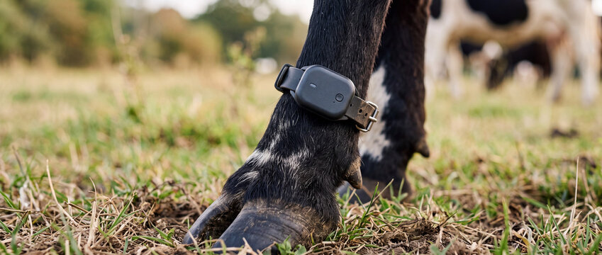 Cow leg with GPS tracking collar for livestock monitoring and health management in pasture