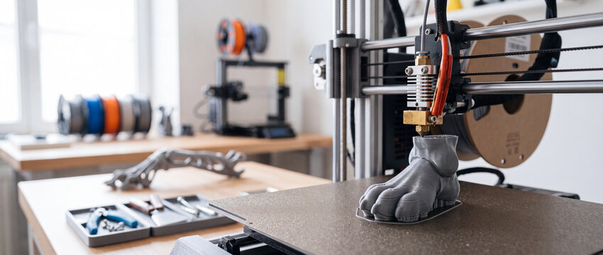 Desktop 3d printer producing foot prototype in modern makerspace workshop with tools and filament