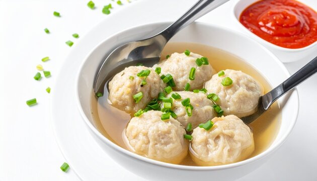 Delicious homemade fish ball soup with fresh chopped scallions and spicy chili sauce