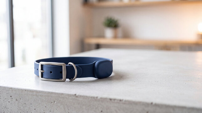 Blue smart dog collar with silicone band and metal buckle lying on concrete table in minimal home