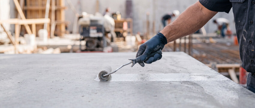 Construction worker applying primer with roller on concrete slab at building site
