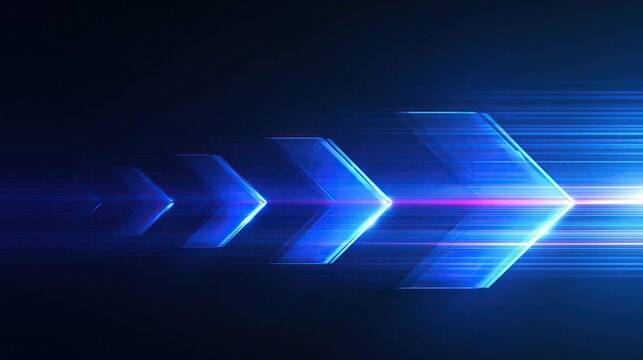 Glowing blue transparent right directional arrows with motion blur on dark blue background representing business progress forward direction and modern digital technology concept