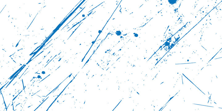 Abstract bright blue distressed scratch texture with paint drops and ink splatters background vector illustration.