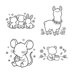 Fototapeta premium Set of cute hand drawn animal illustrations for coloring book pages with cat dog rabbit llama and mouse