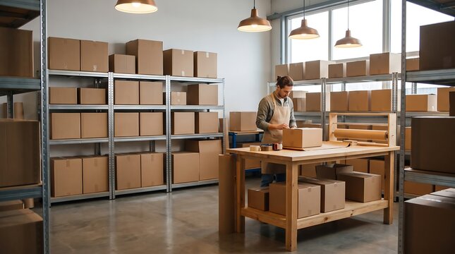 ** Warehouse Worker Organizing Cardboard Boxes in Industrial Storage Room for Efficient Logistics Management