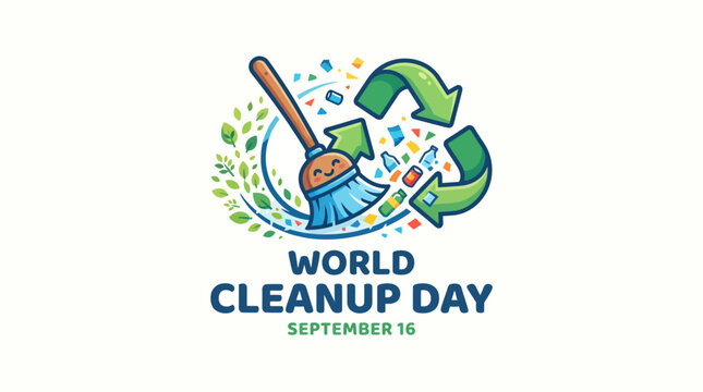 World Cleanup Day logo with cute broom character recycling arrows leaves and plastic trash vector illustration