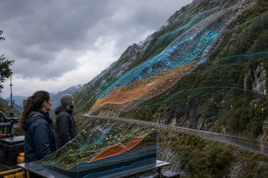 Engineers analyzing mountain geological data with hologram