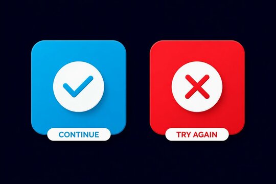 Blue continue and red cancel icon buttons with checkmark and cross symbols