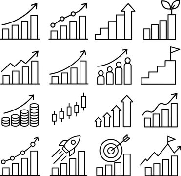 A collection of black and white line art growth and business chart icons arranged in a grid pattern on a white background.