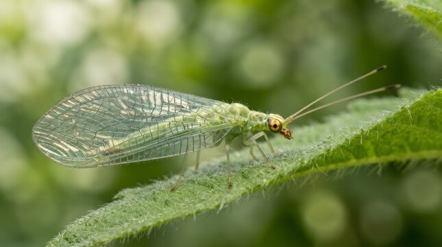 Macro close-up of a green lacewing insect resting on a leaf