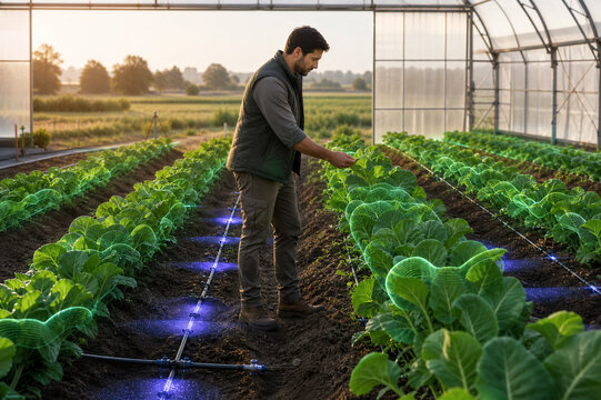 Farmer monitoring vegetable crops with a digital overlay in a smart farm