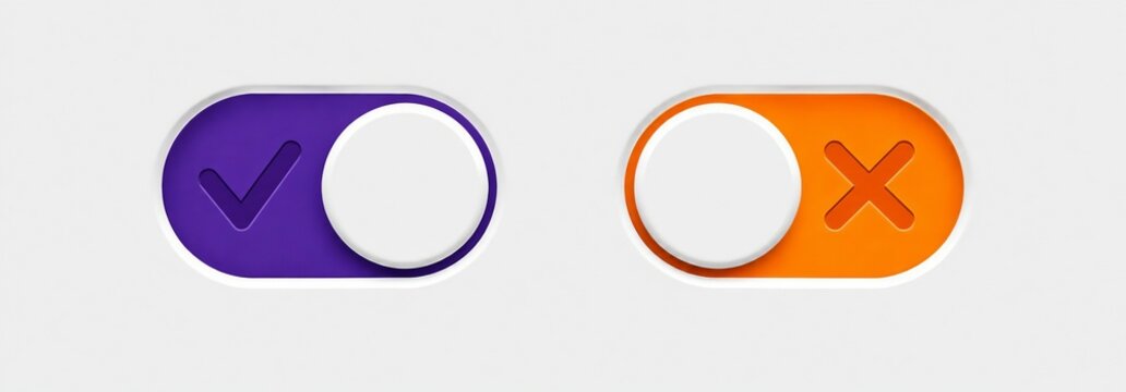 Toggle switch buttons with check mark and cross symbols in purple and orange colors
