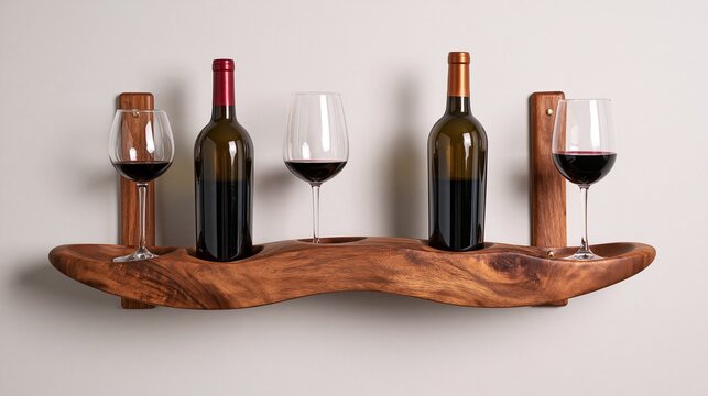 Artisan solid wood wall mounted wine rack holding two red wine bottles and three filled red wine glasses on neutral light-colored wall