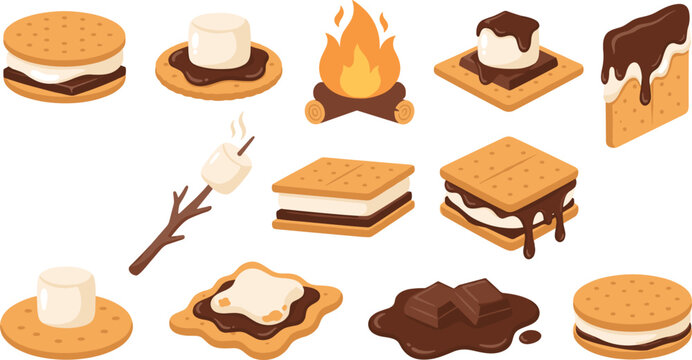 Smores and Campfire Vector Element Set Featuring Toasted Marshmallows Graham Crackers Chocolate and Bonfire for Summer Camping Designs